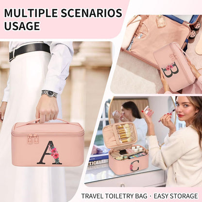 Initial Makeup Bag,Monogram Make up Bag Pink Travel Makeup Organizer Case Beauty Toiletry Cosmetic Bag with Brush Holder, Trendy Stuff Personalized Gifts for Women and Girls-A