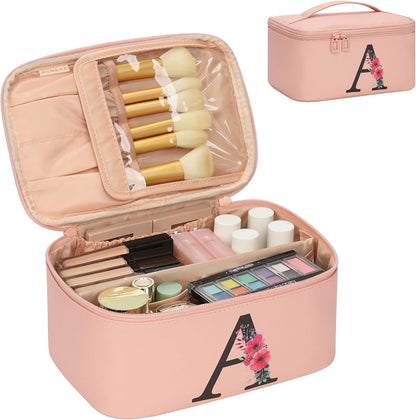 Initial Makeup Bag,Monogram Make up Bag Pink Travel Makeup Organizer Case Beauty Toiletry Cosmetic Bag with Brush Holder, Trendy Stuff Personalized Gifts for Women and Girls-A