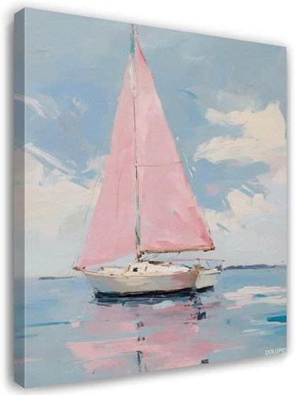 Pink Sailboat Canvas Print Pastel Coastal Summer Boat Wall Art Aesthetic Poster for Office Bedroom Living Room Dorm Room Wall Decor Framed 8x10inch