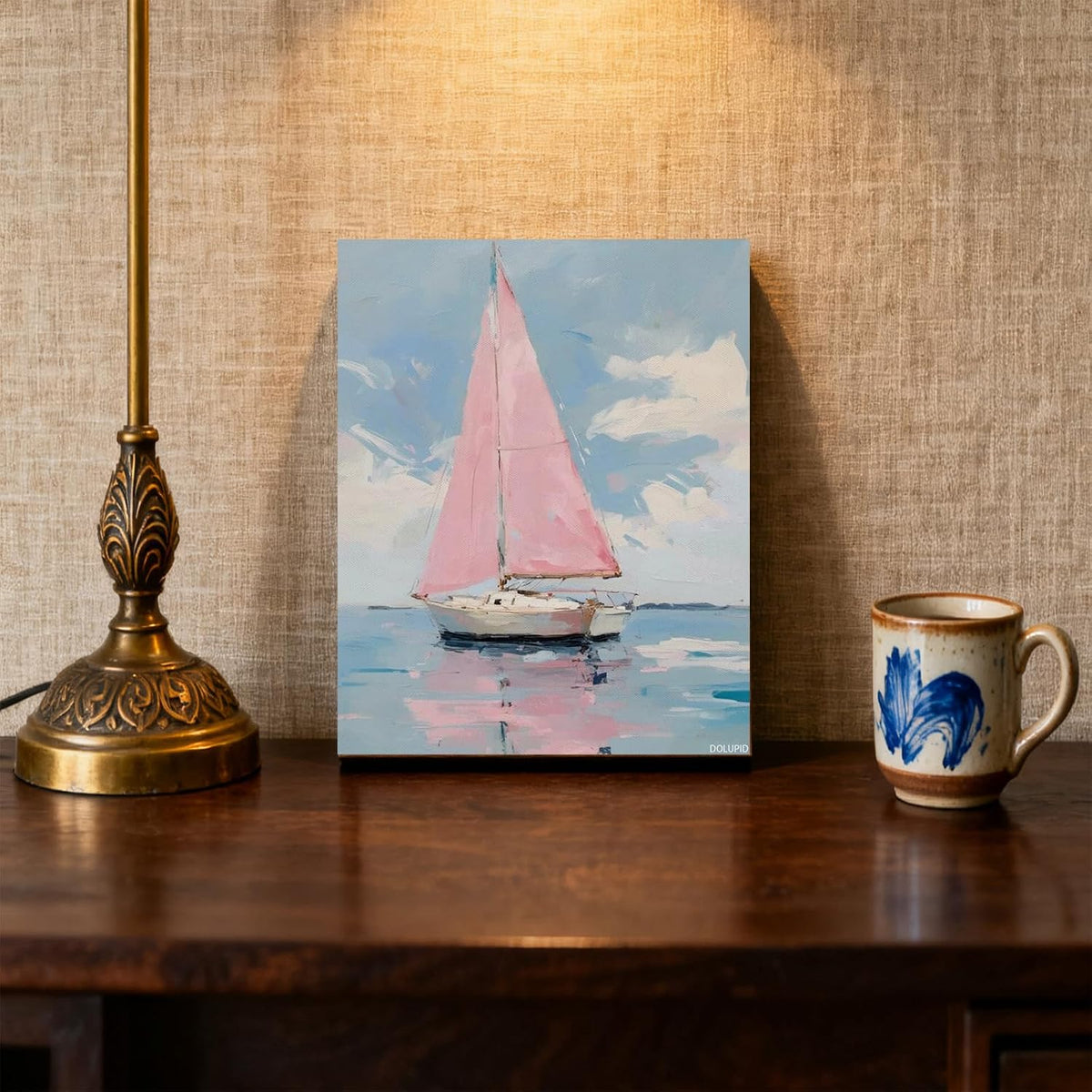 Pink Sailboat Canvas Print Pastel Coastal Summer Boat Wall Art Aesthetic Poster for Office Bedroom Living Room Dorm Room Wall Decor Framed 8x10inch