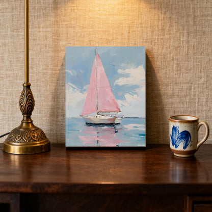 Pink Sailboat Canvas Print Pastel Coastal Summer Boat Wall Art Aesthetic Poster for Office Bedroom Living Room Dorm Room Wall Decor Framed 8x10inch