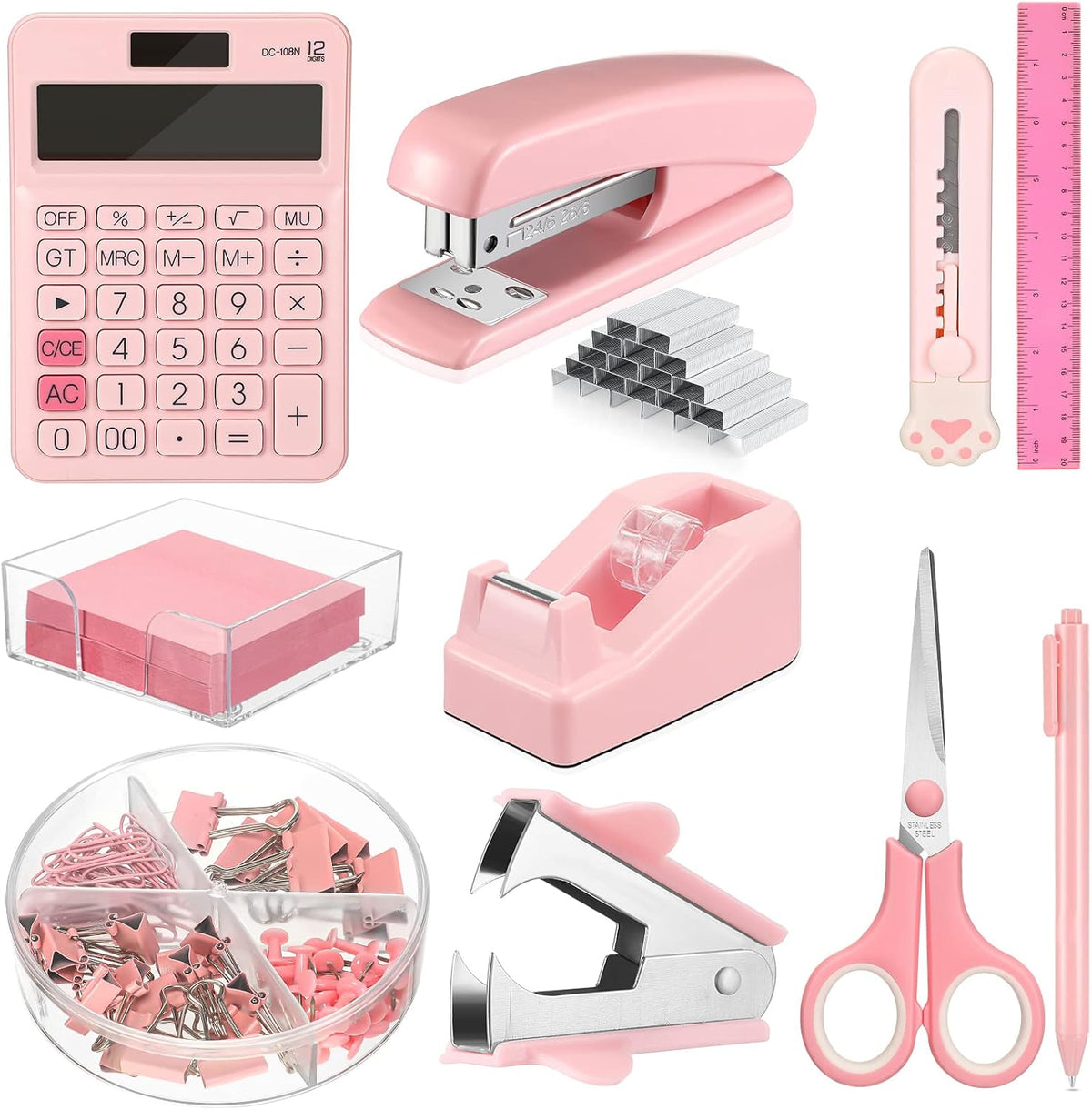 12 Pcs Pink Desk Accessory Kit Include Stapler with Staples Tape Dispenser Staple Remover Sticky with Box Paper Clips Pen Kit Scissors Box Cutter Calculator Office Desk Supplies Christmas Gift