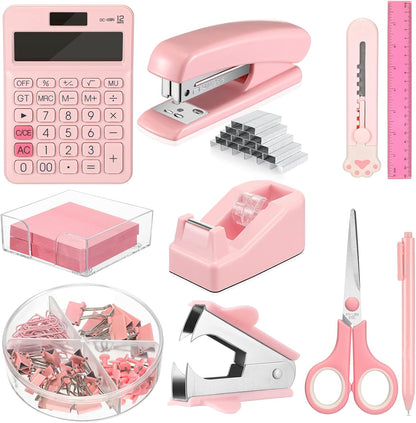 12 Pcs Pink Desk Accessory Kit Include Stapler with Staples Tape Dispenser Staple Remover Sticky with Box Paper Clips Pen Kit Scissors Box Cutter Calculator Office Desk Supplies Christmas Gift