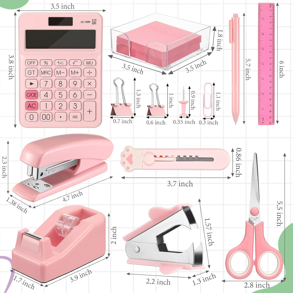 12 Pcs Pink Desk Accessory Kit Include Stapler with Staples Tape Dispenser Staple Remover Sticky with Box Paper Clips Pen Kit Scissors Box Cutter Calculator Office Desk Supplies Christmas Gift