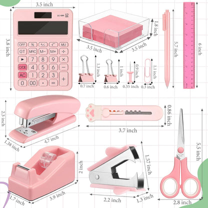 12 Pcs Pink Desk Accessory Kit Include Stapler with Staples Tape Dispenser Staple Remover Sticky with Box Paper Clips Pen Kit Scissors Box Cutter Calculator Office Desk Supplies Christmas Gift