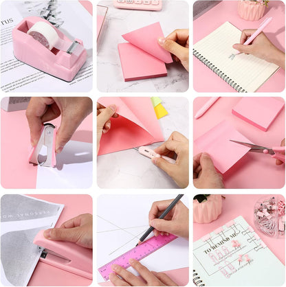 12 Pcs Pink Desk Accessory Kit Include Stapler with Staples Tape Dispenser Staple Remover Sticky with Box Paper Clips Pen Kit Scissors Box Cutter Calculator Office Desk Supplies Christmas Gift