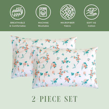 Ultra Soft Set of 2 Floral Print Pillowcases - 1500 Premium Hotel Quality Microfiber, Soft and Smooth Envelope Closure 2-Piece Pillow Covers - Standard/Queen, Pink Celia