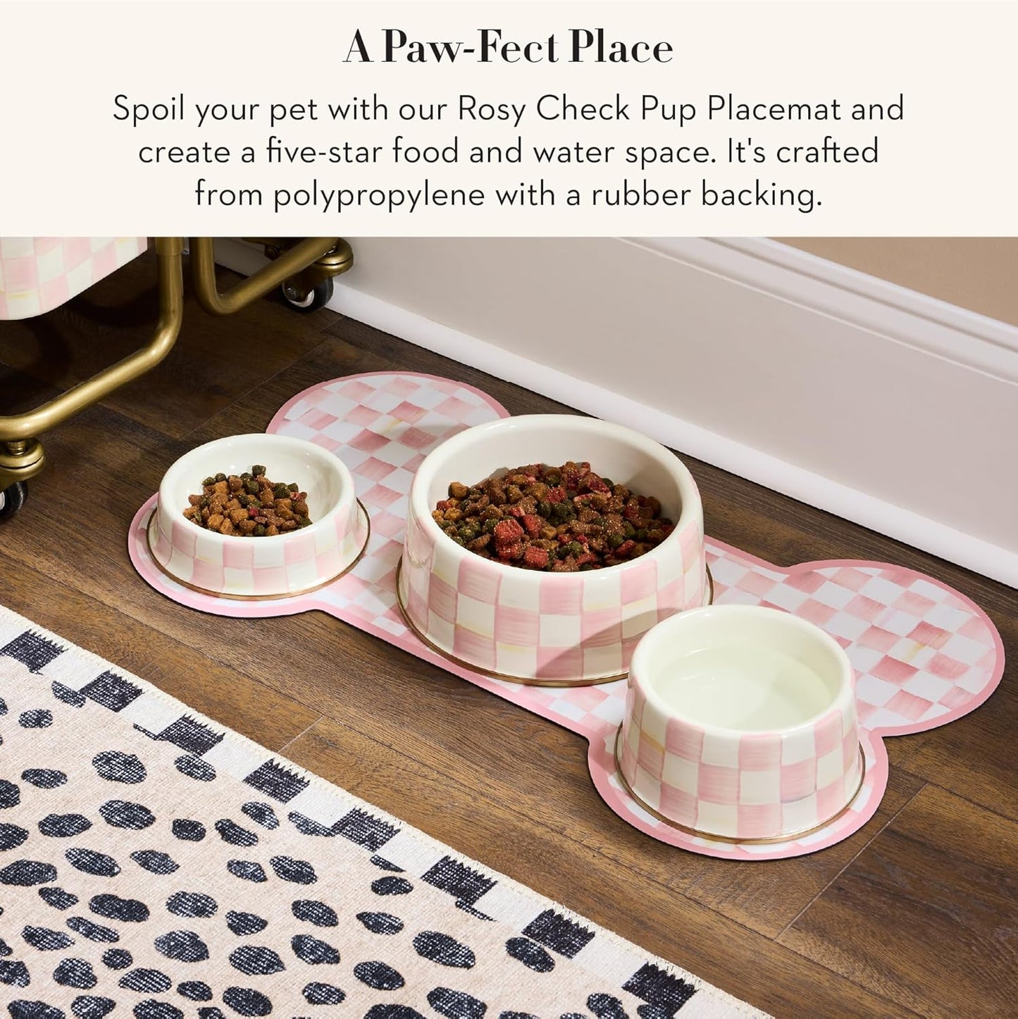 Pup Placemat, Decorative Pet Mat for Food and Water Bowls, 24" x 14", Pink-and-White Rosy Check