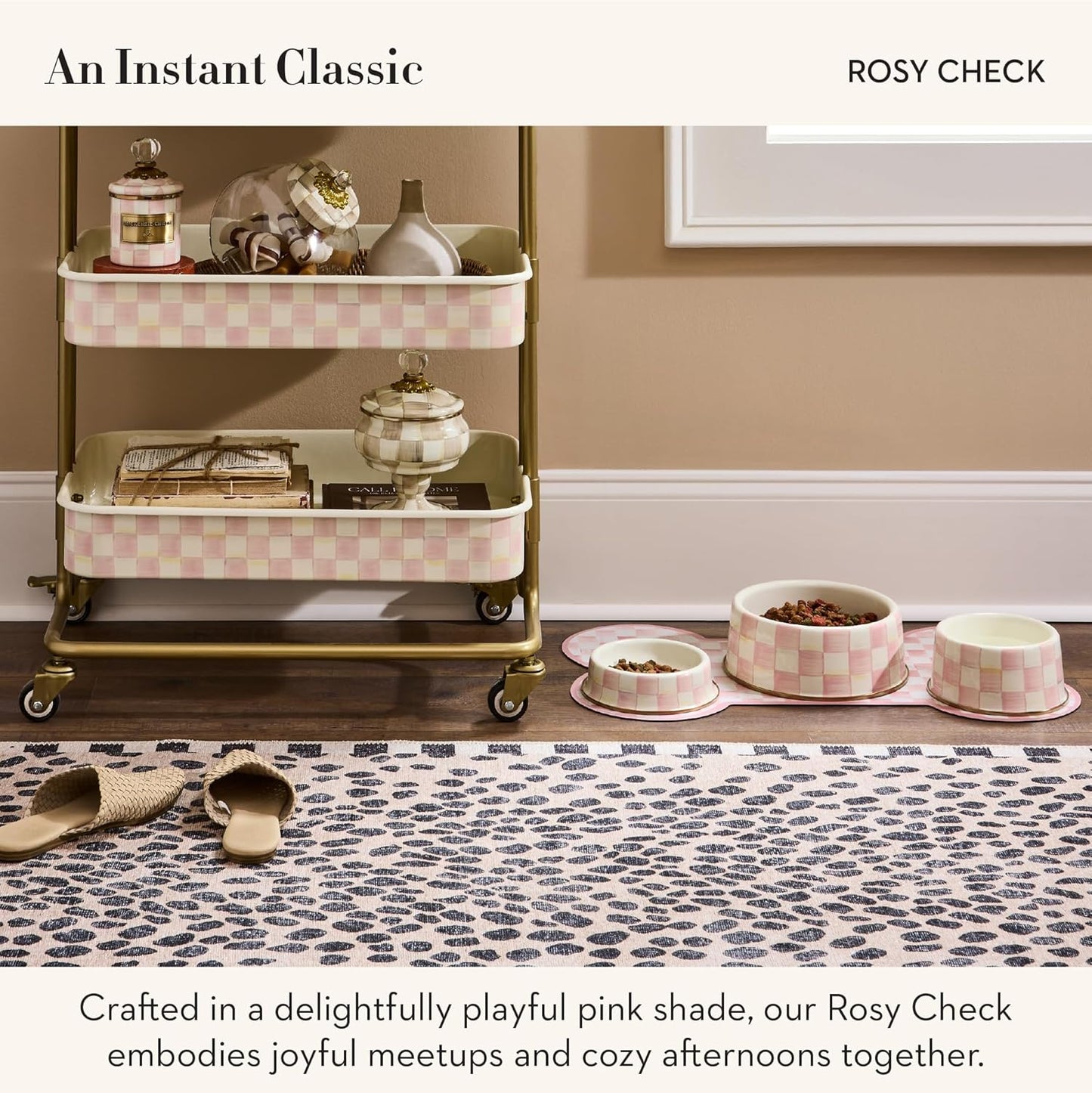 Pup Placemat, Decorative Pet Mat for Food and Water Bowls, 24" x 14", Pink-and-White Rosy Check