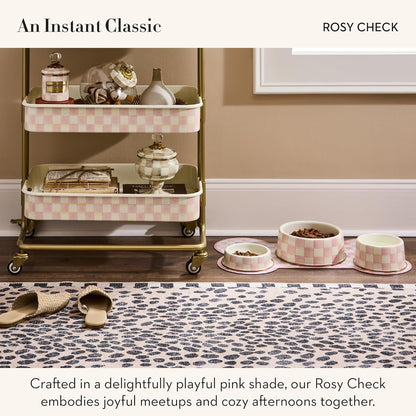 Pup Placemat, Decorative Pet Mat for Food and Water Bowls, 24" x 14", Pink-and-White Rosy Check