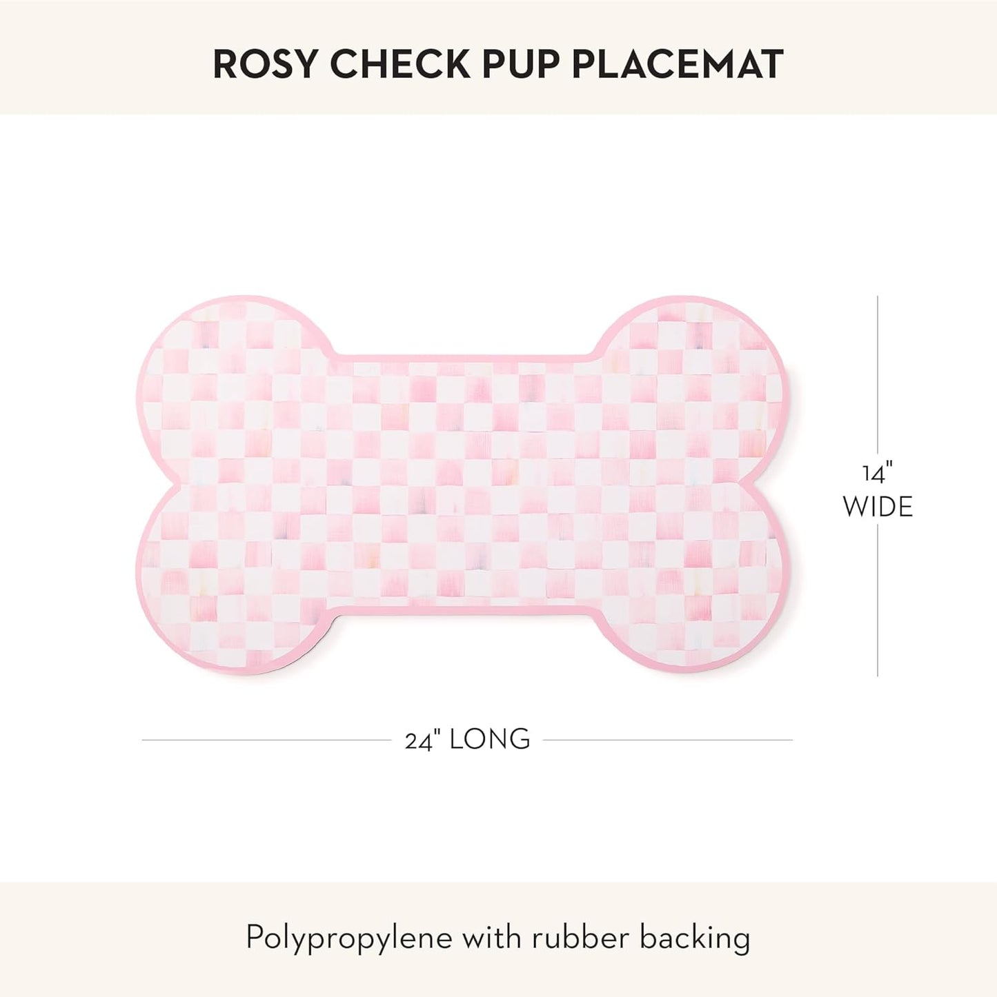 Pup Placemat, Decorative Pet Mat for Food and Water Bowls, 24" x 14", Pink-and-White Rosy Check