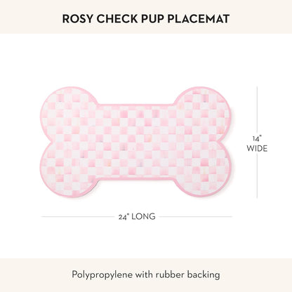 Pup Placemat, Decorative Pet Mat for Food and Water Bowls, 24" x 14", Pink-and-White Rosy Check