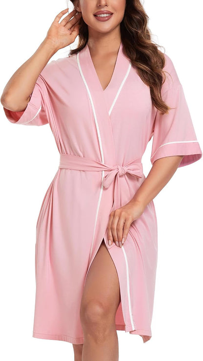 Womens Bamboo Short Robes Lightweight Kimono Cotton Robe Soft Knit Bathrobe Ladies Loungewear with Pockets