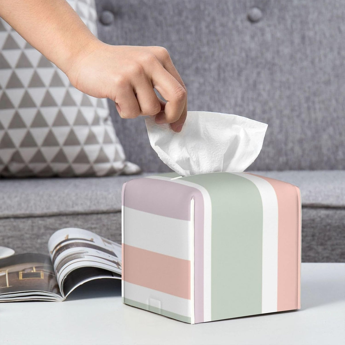 Pretty Pastel Pattern Pink Green Violet Stripes Luxury Leather Tissue Box with Elegant Tissue Lid and Sophisticated Office Decoration