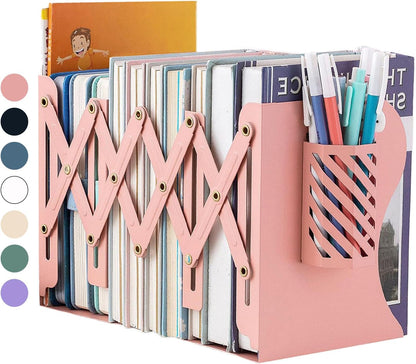 Book Ends, Adjustable Heavy Duty Metal Book Stoppers with Pen Holder for Desk Office Library Kids Room(Pink)