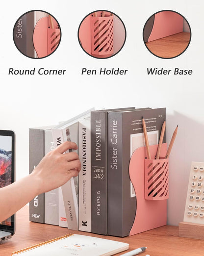 Book Ends, Adjustable Heavy Duty Metal Book Stoppers with Pen Holder for Desk Office Library Kids Room(Pink)