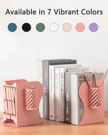 Book Ends, Adjustable Heavy Duty Metal Book Stoppers with Pen Holder for Desk Office Library Kids Room(Pink)