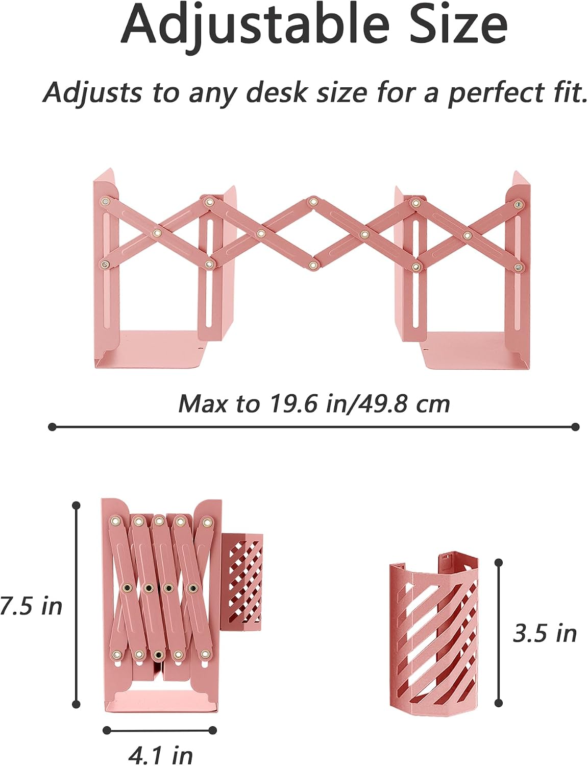Book Ends, Adjustable Heavy Duty Metal Book Stoppers with Pen Holder for Desk Office Library Kids Room(Pink)