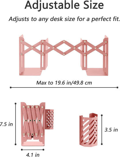 Book Ends, Adjustable Heavy Duty Metal Book Stoppers with Pen Holder for Desk Office Library Kids Room(Pink)