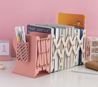 Book Ends, Adjustable Heavy Duty Metal Book Stoppers with Pen Holder for Desk Office Library Kids Room(Pink)