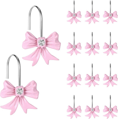12 Pcs Pink Bow Decor Shower Curtain Hooks, Pink Bathroom Decor Bow Shower Curtain Hooks Rust Proof, Resin Cute Shower Curtain Hook Bathroom Accessories for Bathroom Art Decors