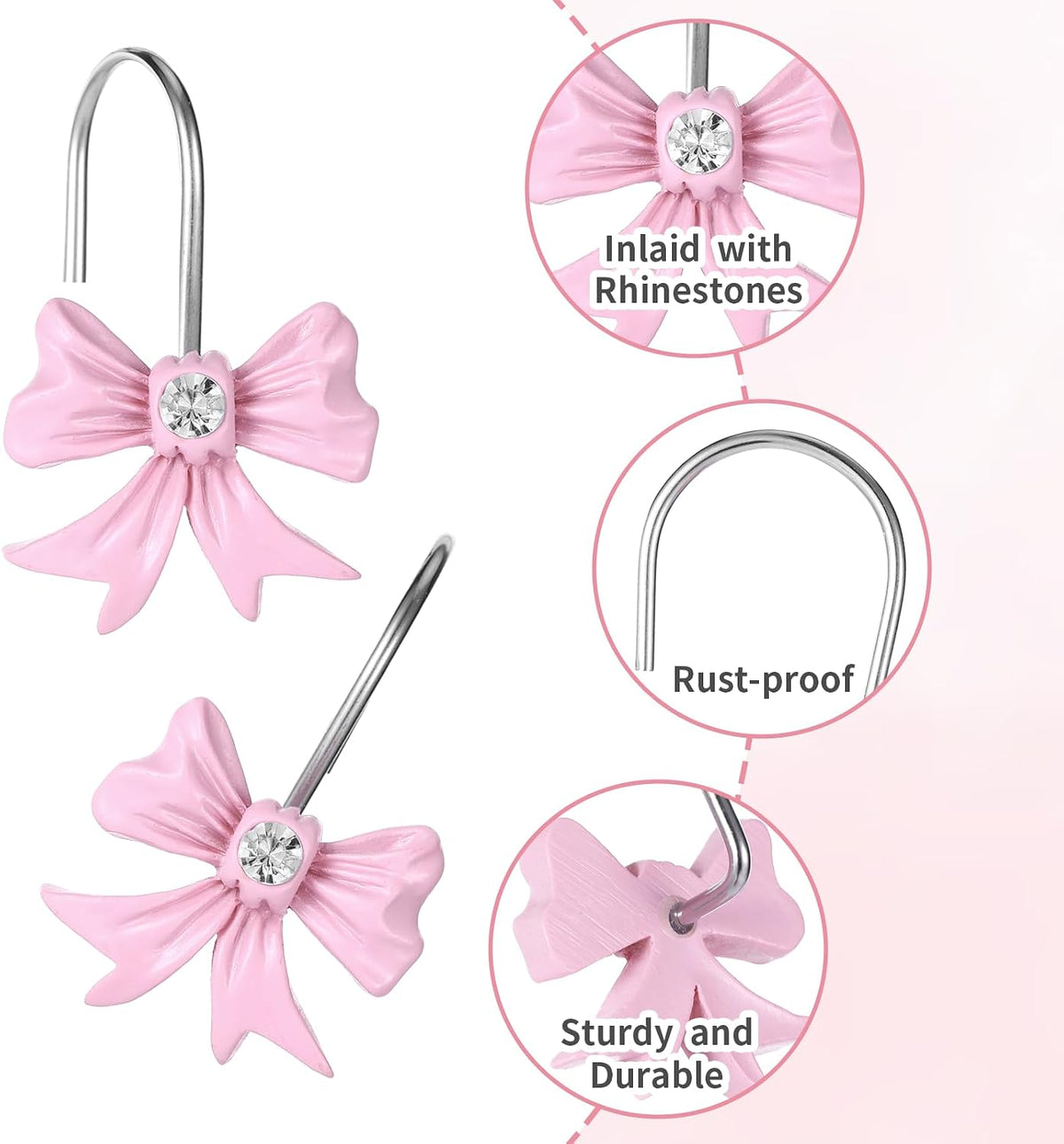 12 Pcs Pink Bow Decor Shower Curtain Hooks, Pink Bathroom Decor Bow Shower Curtain Hooks Rust Proof, Resin Cute Shower Curtain Hook Bathroom Accessories for Bathroom Art Decors