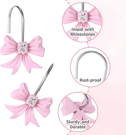 12 Pcs Pink Bow Decor Shower Curtain Hooks, Pink Bathroom Decor Bow Shower Curtain Hooks Rust Proof, Resin Cute Shower Curtain Hook Bathroom Accessories for Bathroom Art Decors