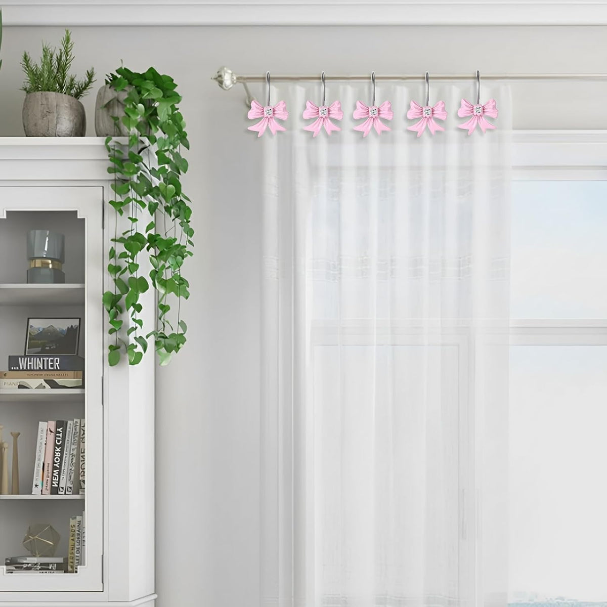 12 Pcs Pink Bow Decor Shower Curtain Hooks, Pink Bathroom Decor Bow Shower Curtain Hooks Rust Proof, Resin Cute Shower Curtain Hook Bathroom Accessories for Bathroom Art Decors