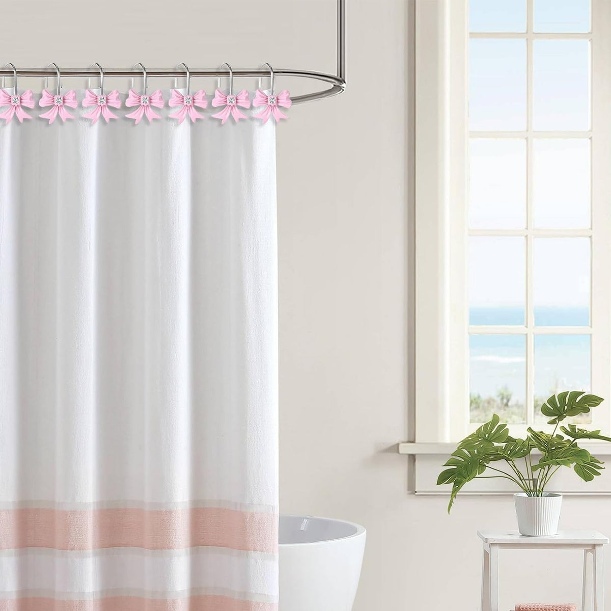 12 Pcs Pink Bow Decor Shower Curtain Hooks, Pink Bathroom Decor Bow Shower Curtain Hooks Rust Proof, Resin Cute Shower Curtain Hook Bathroom Accessories for Bathroom Art Decors
