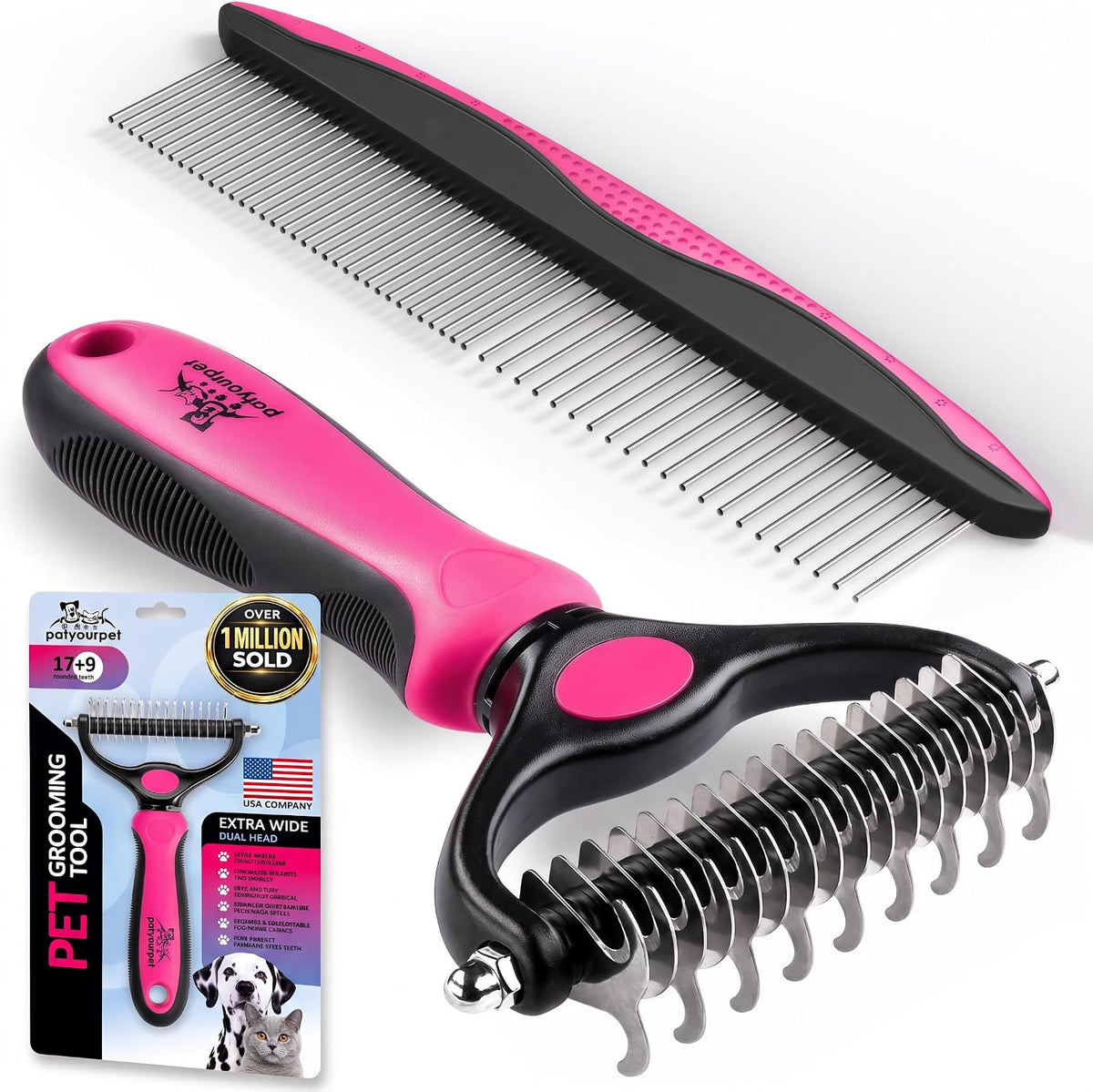 Deshedding Brush & Metal Comb Grooming Combo for Cats & Dogs