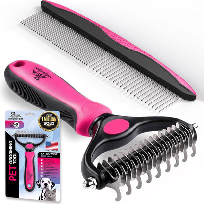 Deshedding Brush & Metal Comb Grooming Combo for Cats & Dogs