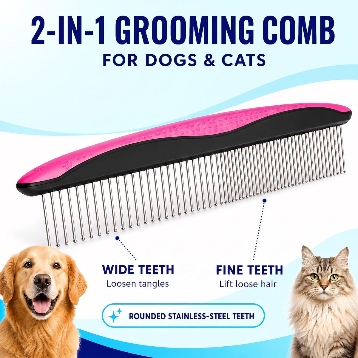 Deshedding Brush & Metal Comb Grooming Combo for Cats & Dogs