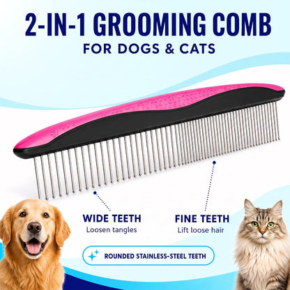 Deshedding Brush & Metal Comb Grooming Combo for Cats & Dogs