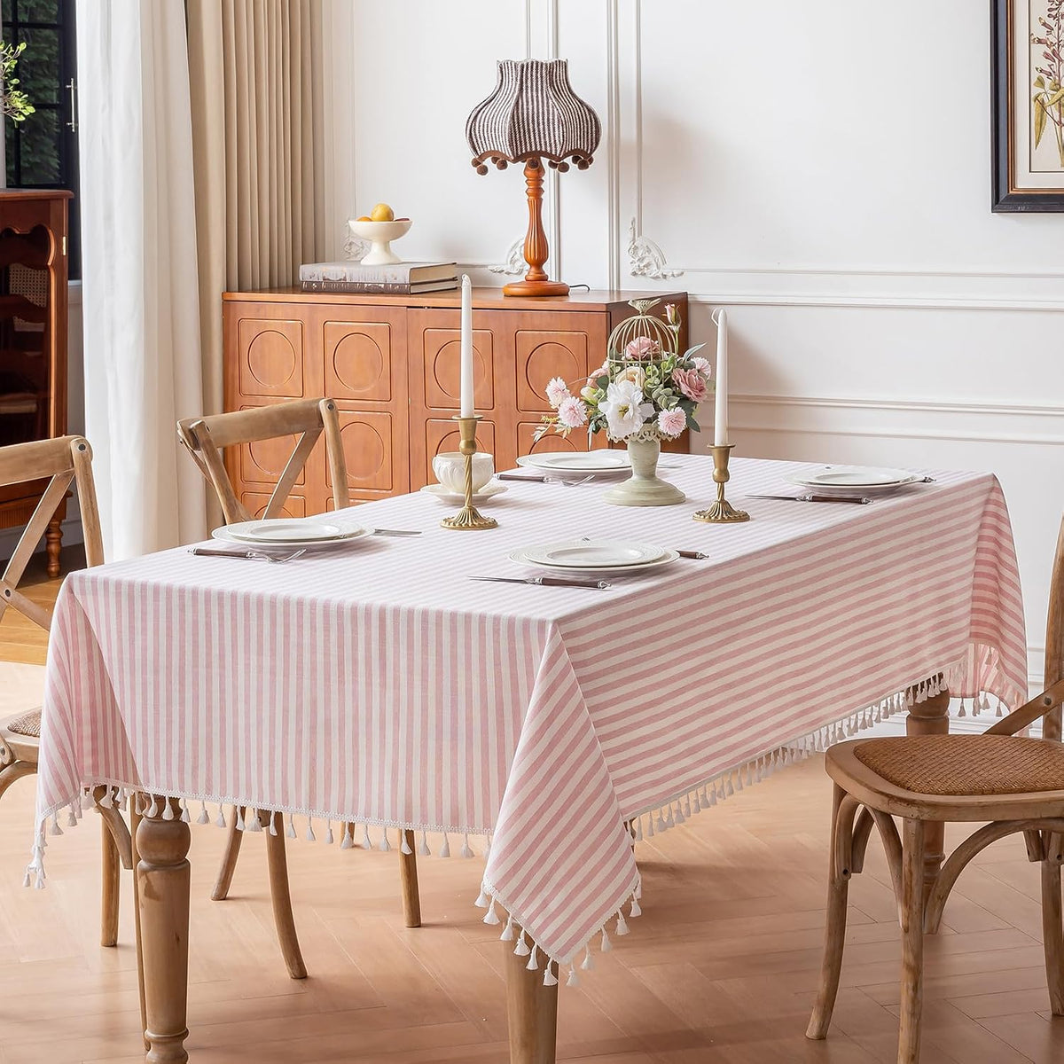 Pink Striped Tablecloth for 6 Foot Rectangle Tables 55 x 90 inch