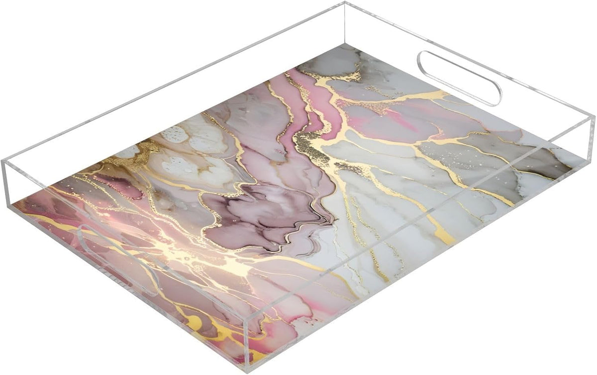 Pink Gold Marble Serving Tray Acrylic Decorative Trays 16" x 12" Serving Platter with Handles for Coffee Table, Dessert Party, Bathroom Vanity Countertop