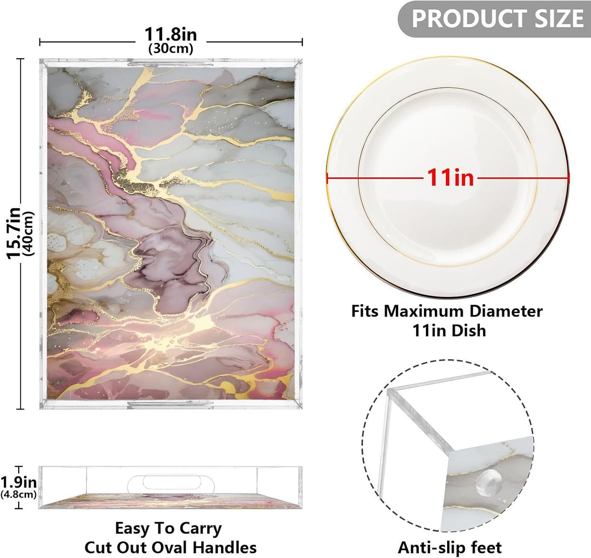 Pink Gold Marble Serving Tray Acrylic Decorative Trays 16" x 12" Serving Platter with Handles for Coffee Table, Dessert Party, Bathroom Vanity Countertop