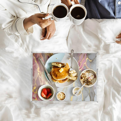 Pink Gold Marble Serving Tray Acrylic Decorative Trays 16" x 12" Serving Platter with Handles for Coffee Table, Dessert Party, Bathroom Vanity Countertop
