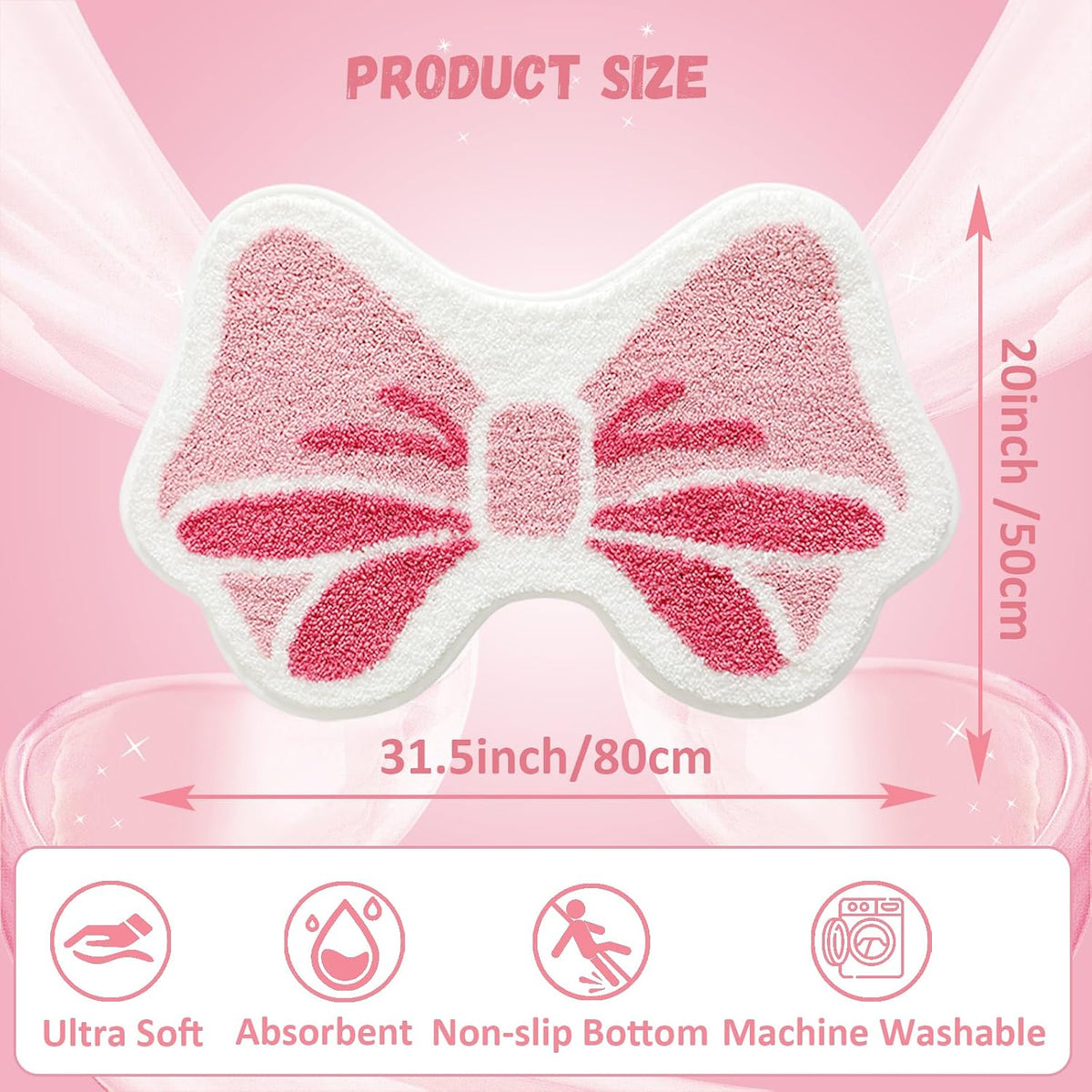 Pink Bowknot Bathroom Rugs, Ultra Soft and Non-Slip Bow Bath Mat, Absorbent Microfiber Pink Bow Rug, Machine Washable Bath Mats for Bathroom Bedroom Kitchen 20 x 31 Inch (Pink A)