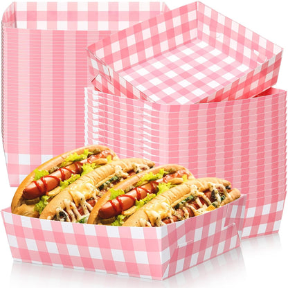 36 Pack Light Pink and White Gingham Paper Trays 5 lb Grease Resistant Large Snack Serving Trays Disposable Food Boats for Wedding Tea Party Baby Shower Supplies