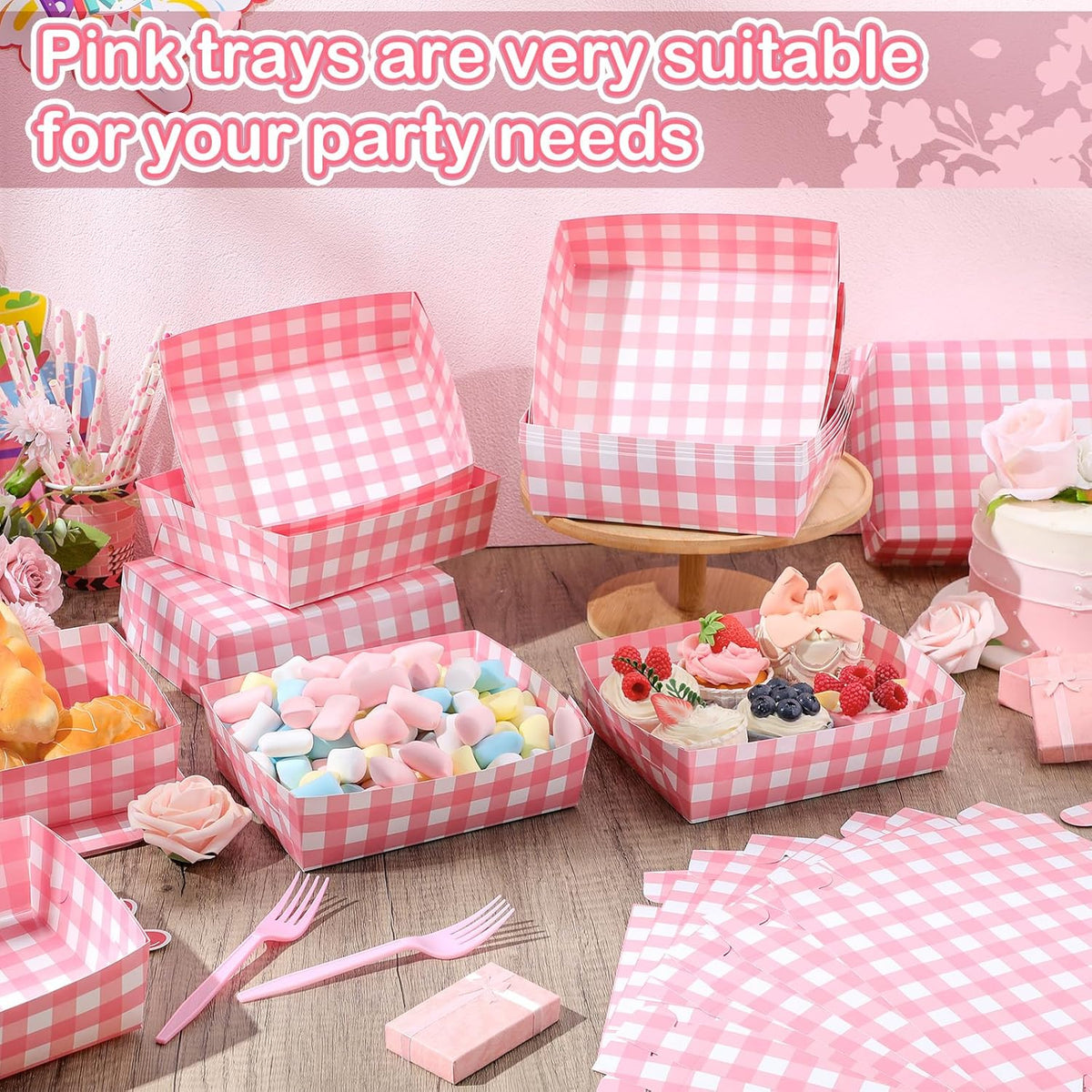 36 Pack Light Pink and White Gingham Paper Trays 5 lb Grease Resistant Large Snack Serving Trays Disposable Food Boats for Wedding Tea Party Baby Shower Supplies