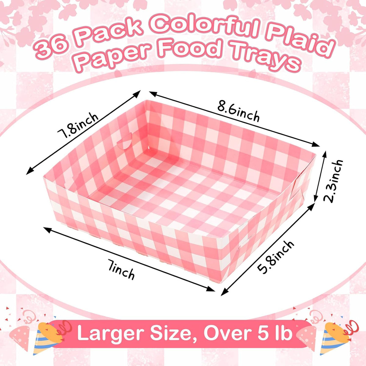 36 Pack Light Pink and White Gingham Paper Trays 5 lb Grease Resistant Large Snack Serving Trays Disposable Food Boats for Wedding Tea Party Baby Shower Supplies
