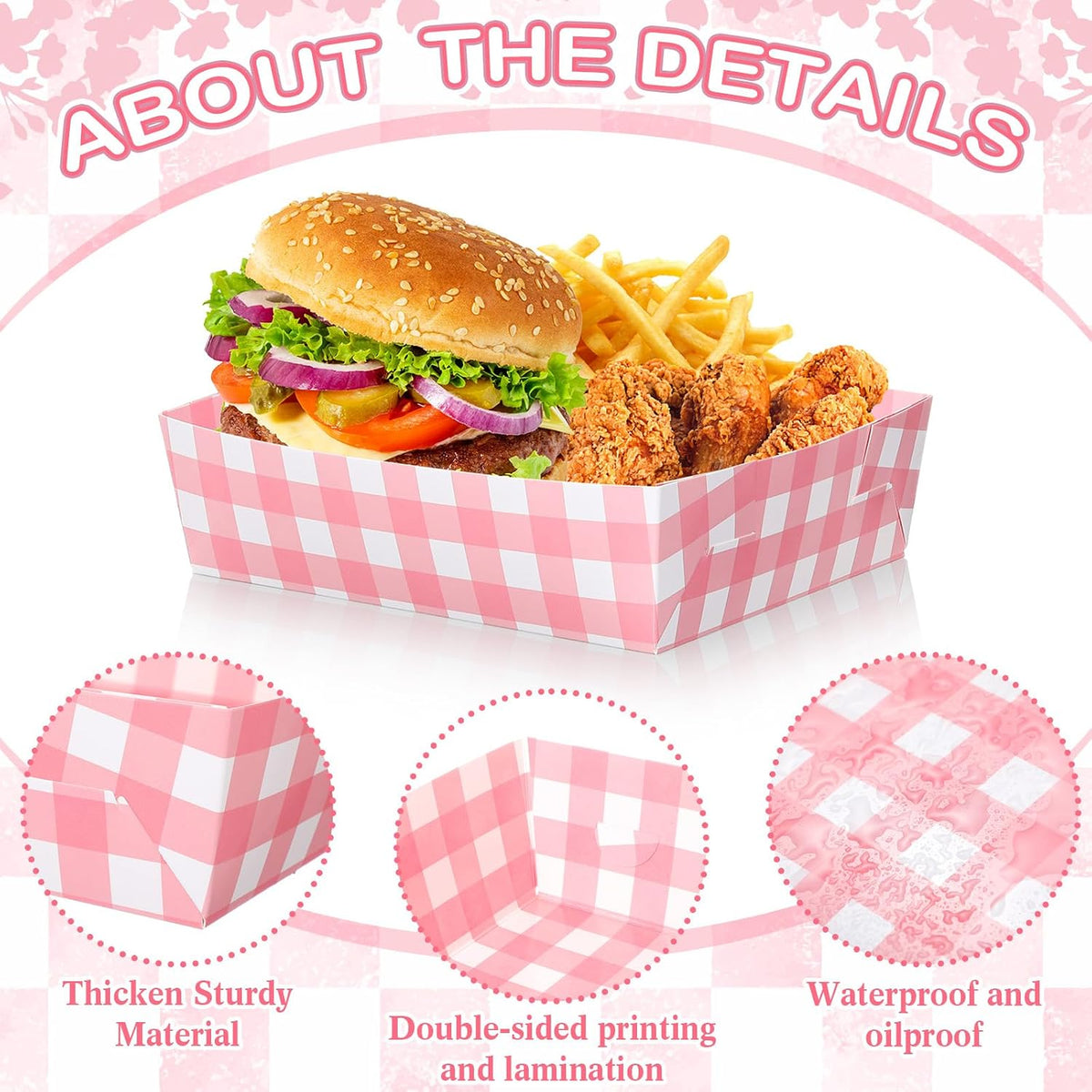 36 Pack Light Pink and White Gingham Paper Trays 5 lb Grease Resistant Large Snack Serving Trays Disposable Food Boats for Wedding Tea Party Baby Shower Supplies