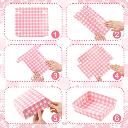 36 Pack Light Pink and White Gingham Paper Trays 5 lb Grease Resistant Large Snack Serving Trays Disposable Food Boats for Wedding Tea Party Baby Shower Supplies