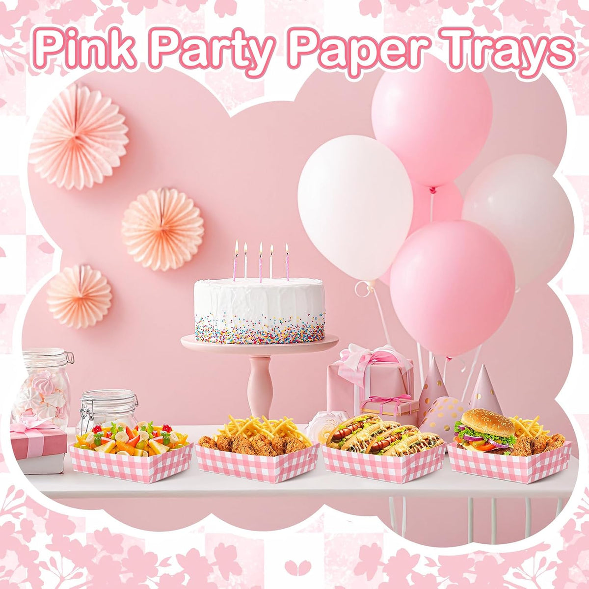 36 Pack Light Pink and White Gingham Paper Trays 5 lb Grease Resistant Large Snack Serving Trays Disposable Food Boats for Wedding Tea Party Baby Shower Supplies