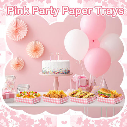 36 Pack Light Pink and White Gingham Paper Trays 5 lb Grease Resistant Large Snack Serving Trays Disposable Food Boats for Wedding Tea Party Baby Shower Supplies