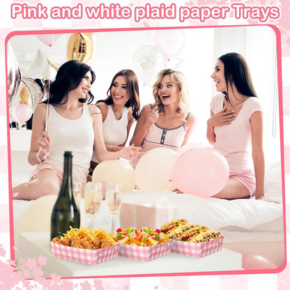 36 Pack Light Pink and White Gingham Paper Trays 5 lb Grease Resistant Large Snack Serving Trays Disposable Food Boats for Wedding Tea Party Baby Shower Supplies