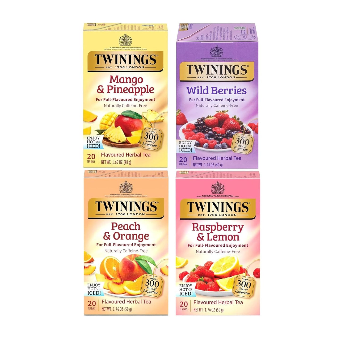 Herbal Variety Sampler Pack, 20 Count (Pack of 4). Includes Raspberry & Lemon, Mango & Pineapple, Wild Berries and Peach & Orange. Refreshing & Fruity, Naturally Caffeine- Free, 80 Individually Wrapped Tea Bags.