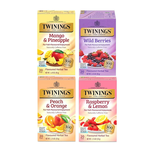 Herbal Variety Sampler Pack, 20 Count (Pack of 4). Includes Raspberry & Lemon, Mango & Pineapple, Wild Berries and Peach & Orange. Refreshing & Fruity, Naturally Caffeine- Free, 80 Individually Wrapped Tea Bags.