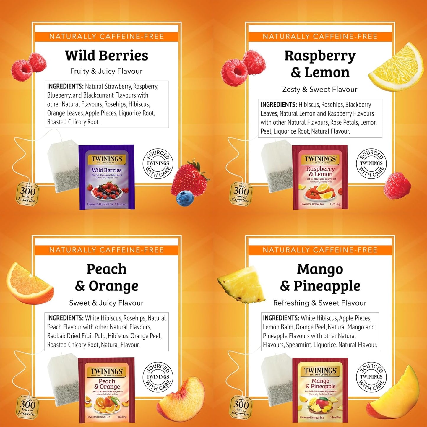Herbal Variety Sampler Pack, 20 Count (Pack of 4). Includes Raspberry & Lemon, Mango & Pineapple, Wild Berries and Peach & Orange. Refreshing & Fruity, Naturally Caffeine- Free, 80 Individually Wrapped Tea Bags.