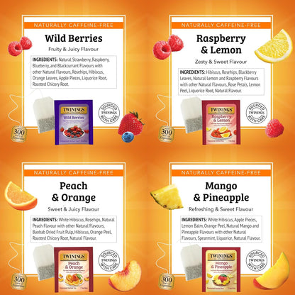 Herbal Variety Sampler Pack, 20 Count (Pack of 4). Includes Raspberry & Lemon, Mango & Pineapple, Wild Berries and Peach & Orange. Refreshing & Fruity, Naturally Caffeine- Free, 80 Individually Wrapped Tea Bags.